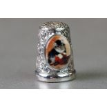 Silver thimble with enamel panel depicting a cat