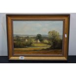 Oil Painting on Board depicting a Landscape Scene with Farmhouse and Figures by River, signed
