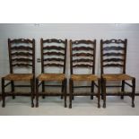 Set of Four Lancashire style Oak Ladder Back Chairs with rush seats