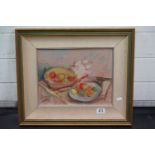 20th century Oil on Board of Still Life Fruit in Bowls, signed lower left Montanans ?, 35cm x