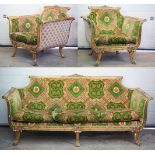 Gilt Framed Continental style Three Piece Suite upholstered in green and gold ground Versace