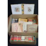 Box of cigarette cards, many contained in vintage cigarette packets, to include Gallaher, Wix,