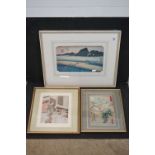 Oriental School, three Japanese pictures, portrait of a geisha & two scenic views