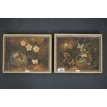 Pair of Oil Paintings on Canvas depicting Bird's Nests, Butterflies and Flowers, 24cm x 19cm, framed
