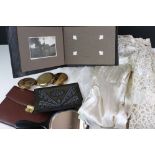 1940s ivory silk and lace wedding dress, three Stratton compacts & other items