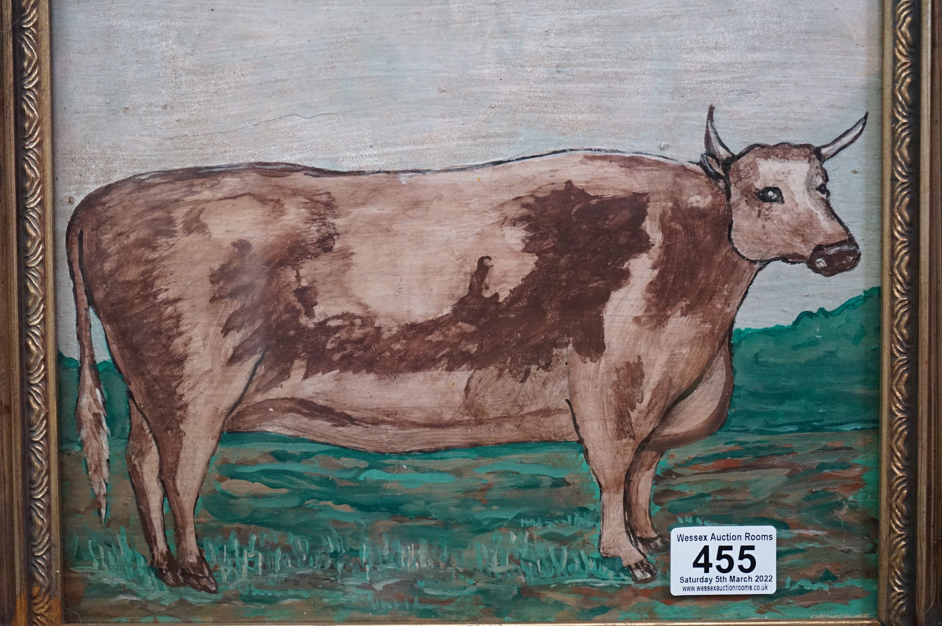 Oil painting of a bull in a landscape setting, 29cm x 24cm, framed and glazed - Image 2 of 6