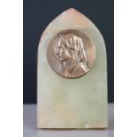 Medallion of Virgin Mary by E Dropsy, on agate stand