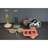 A box of mixed collectables to include two sets of Winfield postal scales, opera glasses, opium