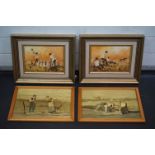 A group of four framed pictures of workers in fields including a pair of oil paintings titled 'Bag