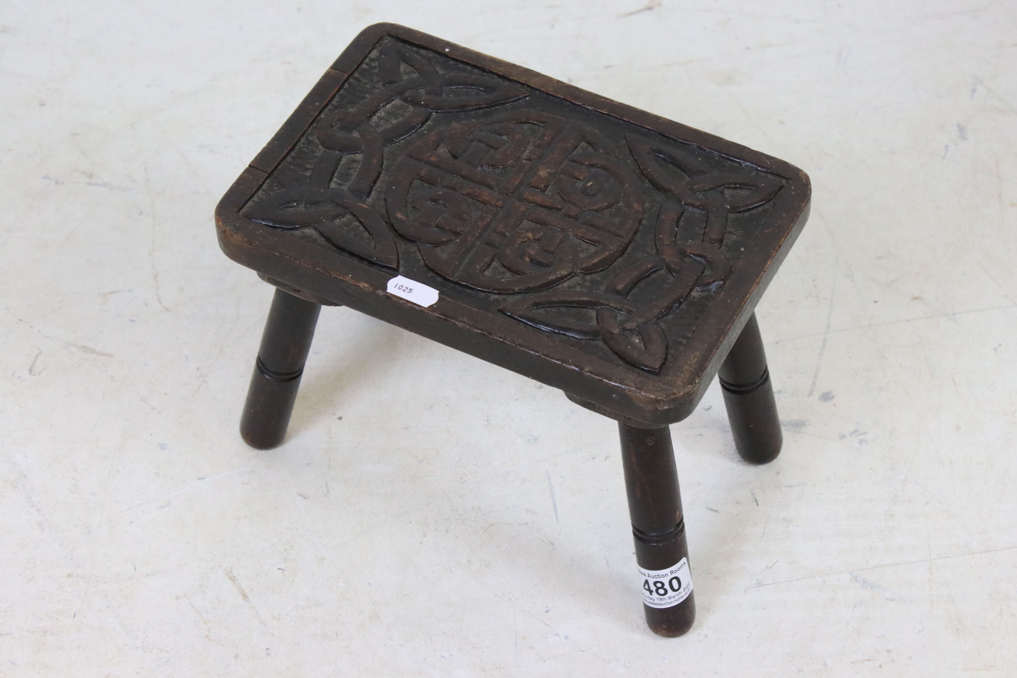 Late 19th / Early 20th century Small Wooden Stool with Celtic Knot carved decoration to top, 28cm