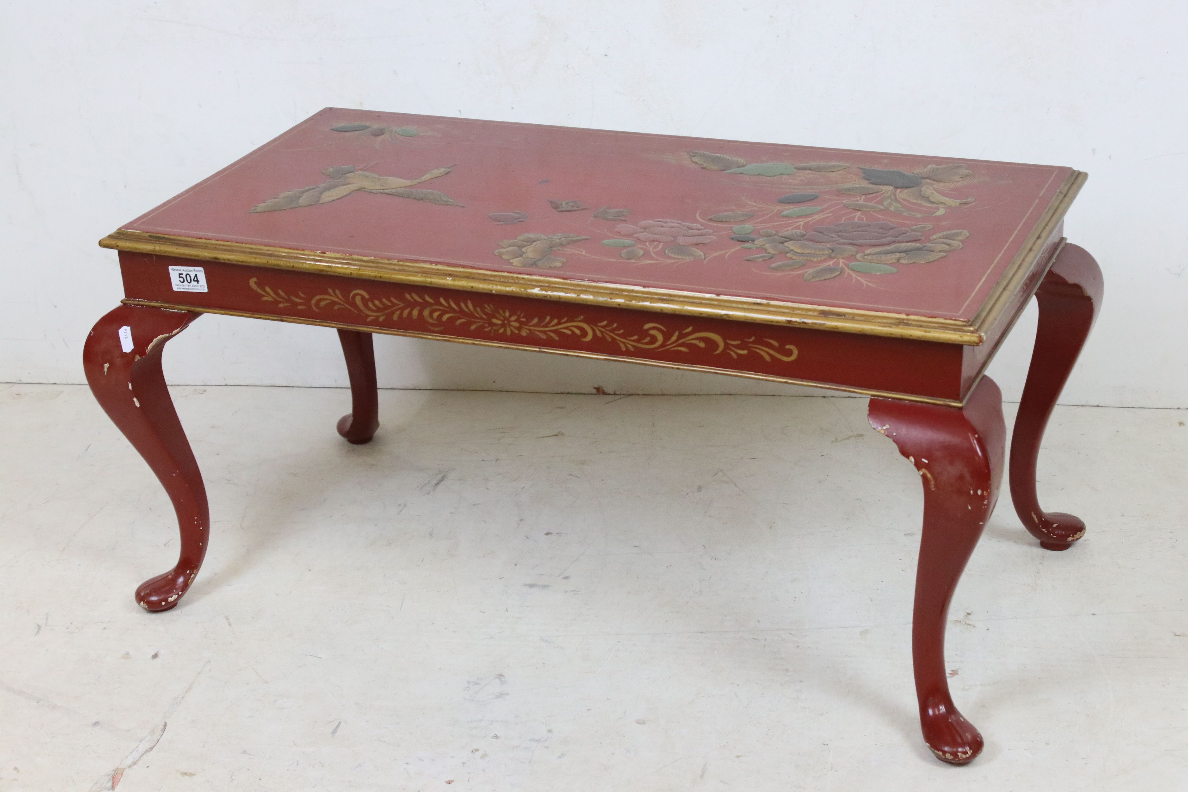 Early 20th century Red Lacquered Chinoiserie Coffee Table raised on cabriole legs, 88cm long x