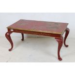 Early 20th century Red Lacquered Chinoiserie Coffee Table raised on cabriole legs, 88cm long x