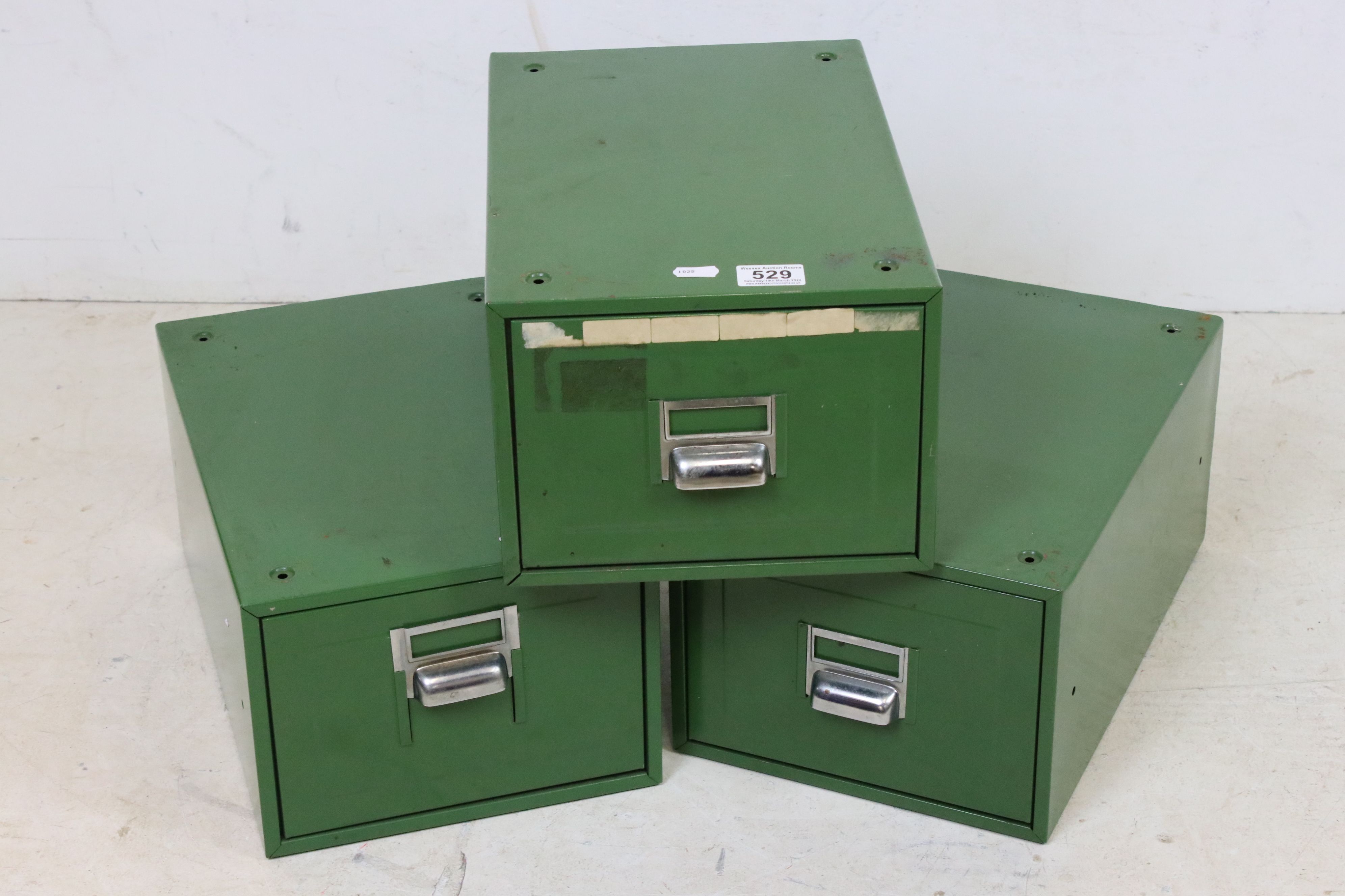 Three Green Metal Industrial Filing Cabinets, each 26cm wide x 41cm deep x 19cm high - Image 2 of 4