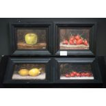 Set of Four Small Oil Paintings on Board depicting Still Life Fruit, each 17cm x 12cm, framed in