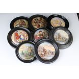 Eight 19th century Prattware Pottery Pot Lids all contained in ebonised frames, approx. 15cm