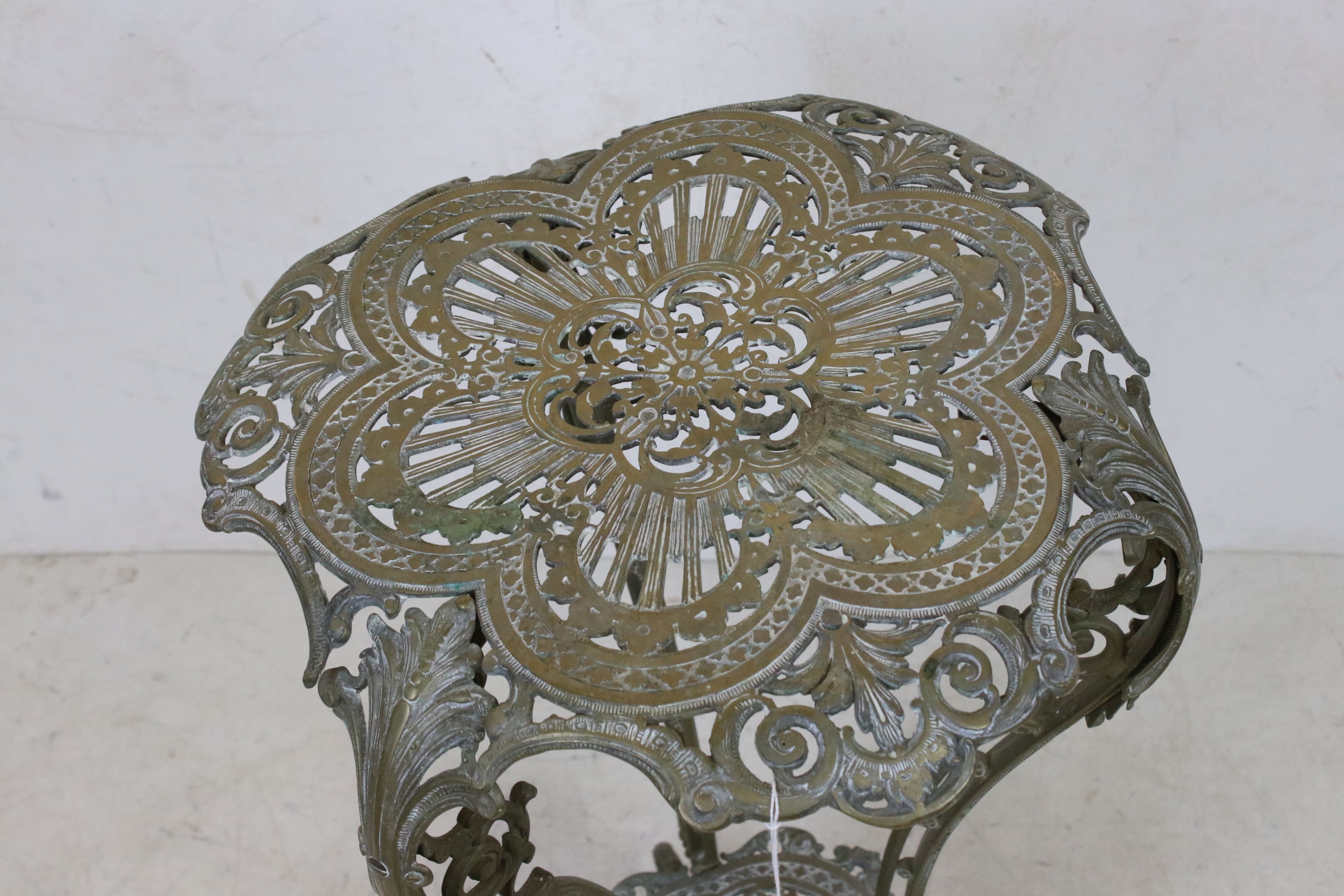 Ornate Brass Two Tier Jardinière / Plant Stand raised on three scrolling legs, 41cm wide x 76cm high - Image 2 of 6