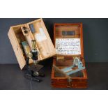 Wooden cased azimuth circle prism (a/f) & a cased Milbro student microscope