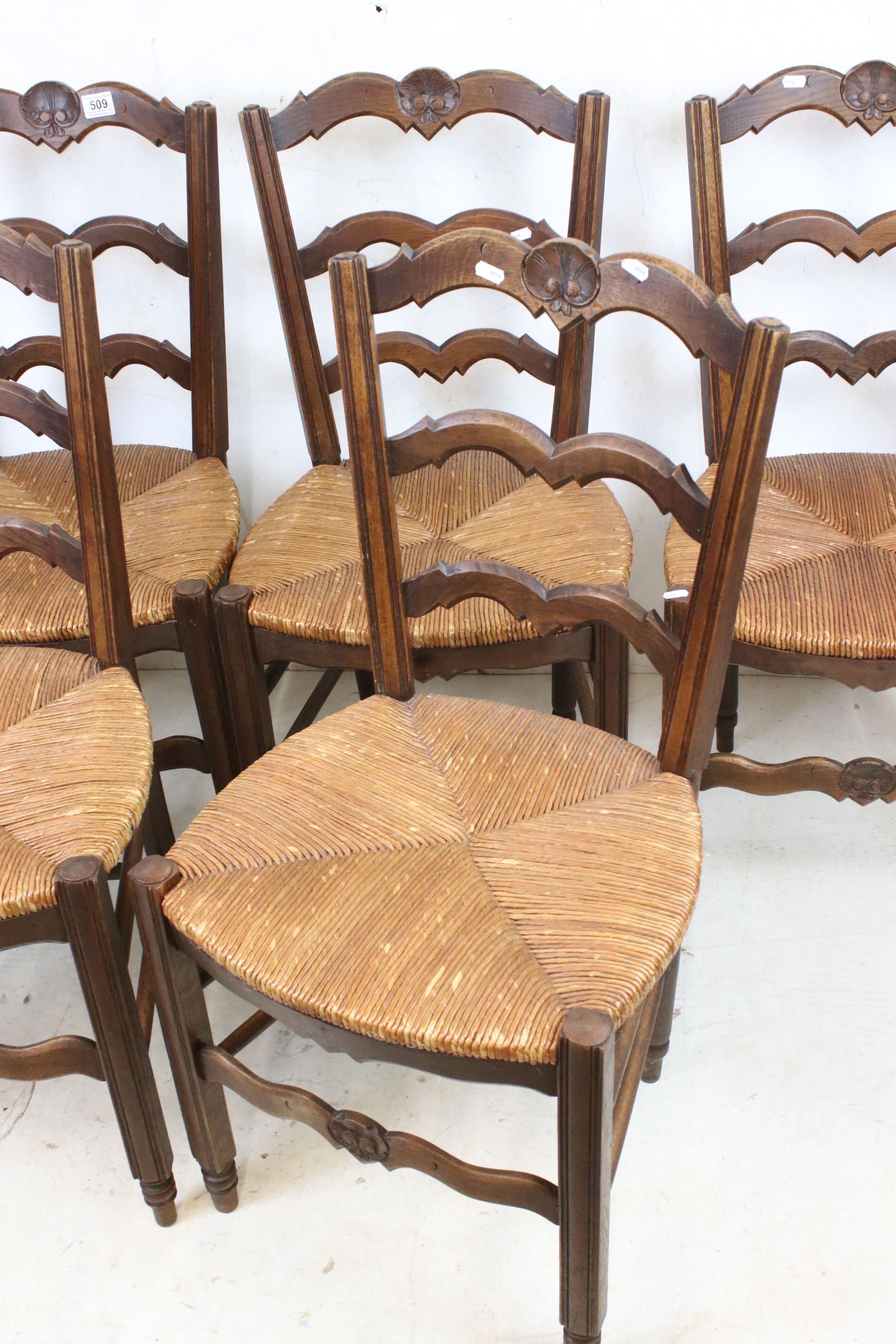 Set of Six French Oak Ladder Back Dining Chairs with rush seats, 90cm high - Image 2 of 6