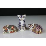 Three Royal Crown Derby Cat Paperweights including Catnip Kitten, tallest 8.5cm