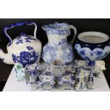 Collection of Blue and White Ceramics including Ironstone Kettle, Mason's Wash Jug, Wedgwood