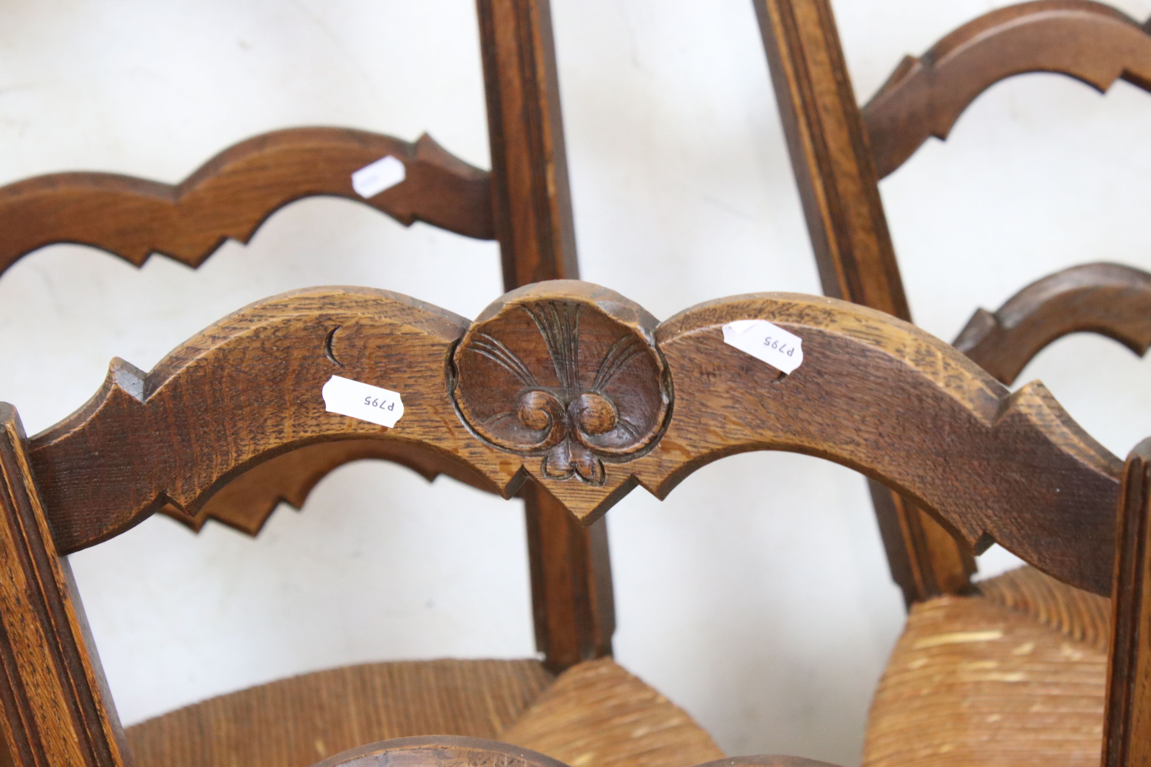 Set of Six French Oak Ladder Back Dining Chairs with rush seats, 90cm high - Image 3 of 6