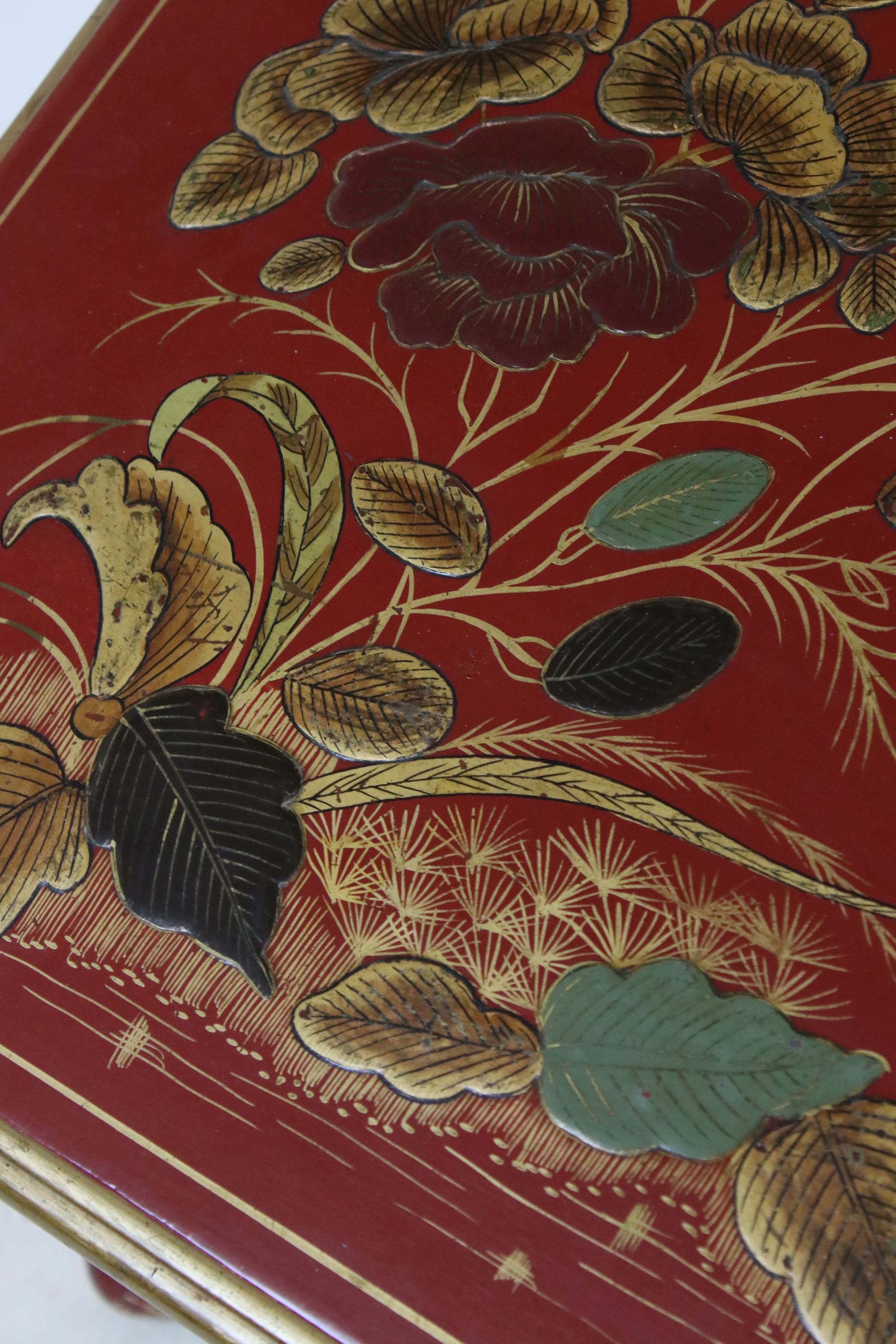 Early 20th century Red Lacquered Chinoiserie Coffee Table raised on cabriole legs, 88cm long x - Image 3 of 4