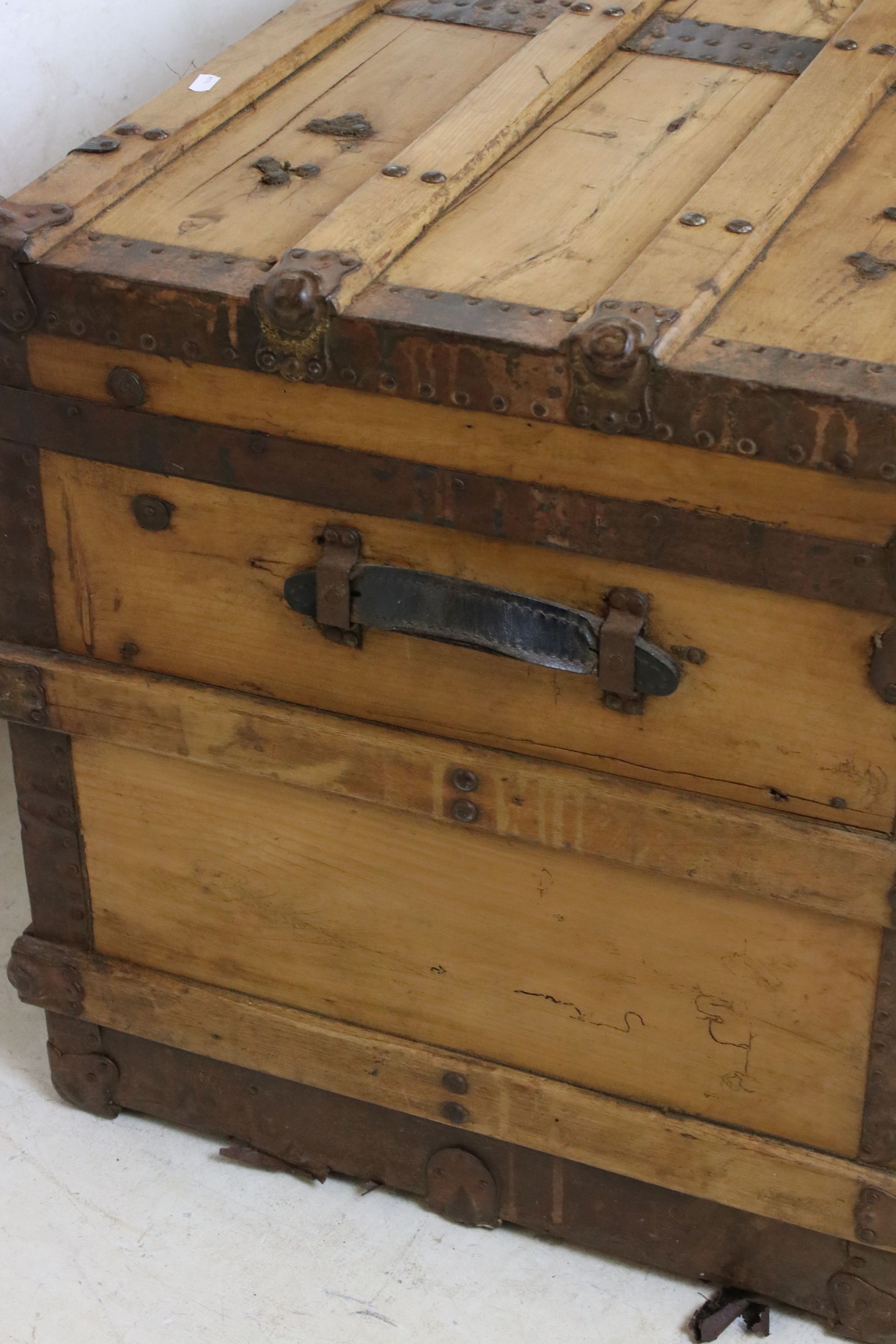 19th century Pine and Studded Travelling Trunk / Box with leather carrying handles, 87cm wide x 58cm - Image 7 of 7
