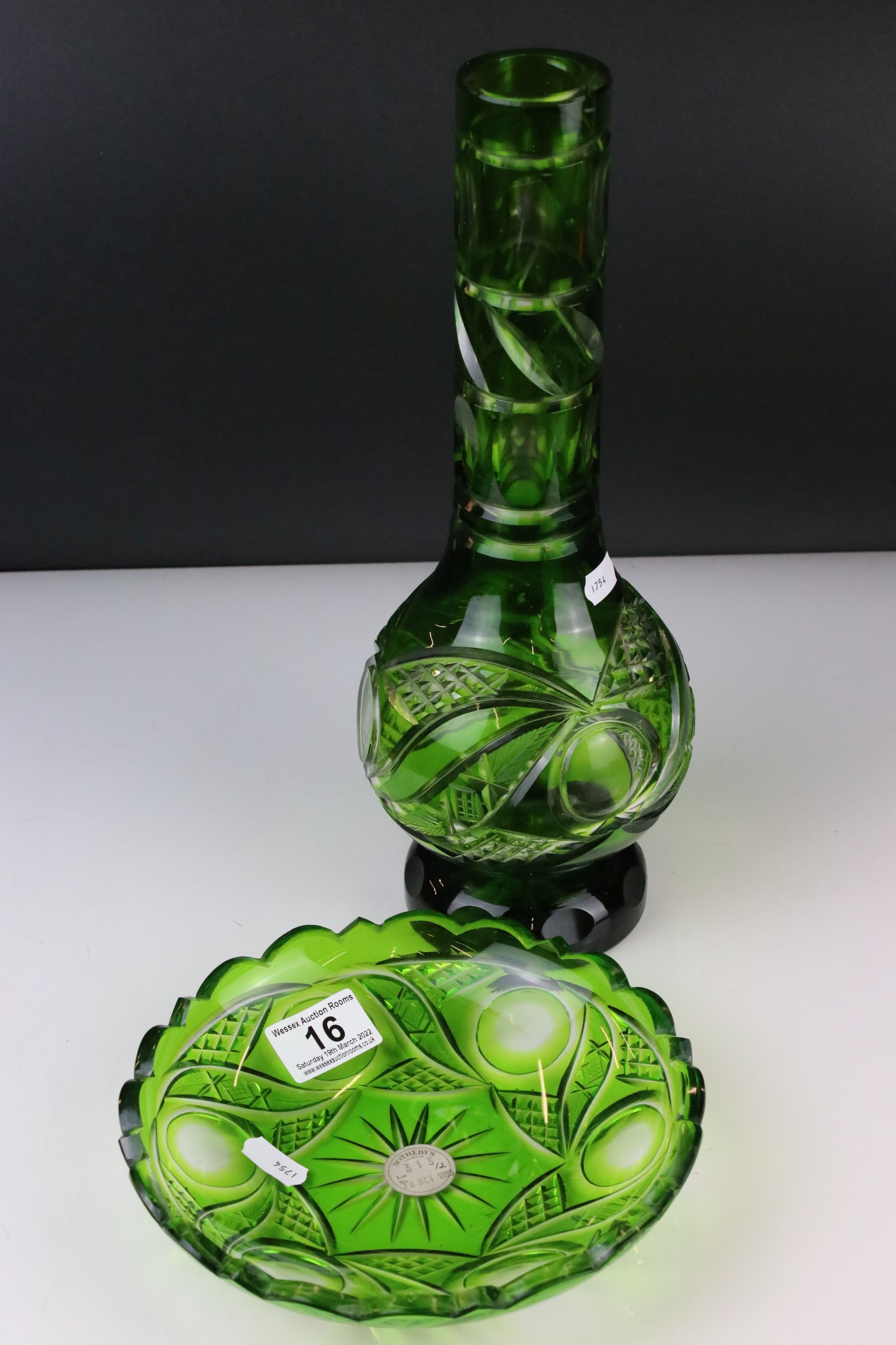 Bohemian Green Overlaid Cut Glass Carafe 35cm high together with a matching Stand / Dish (dish