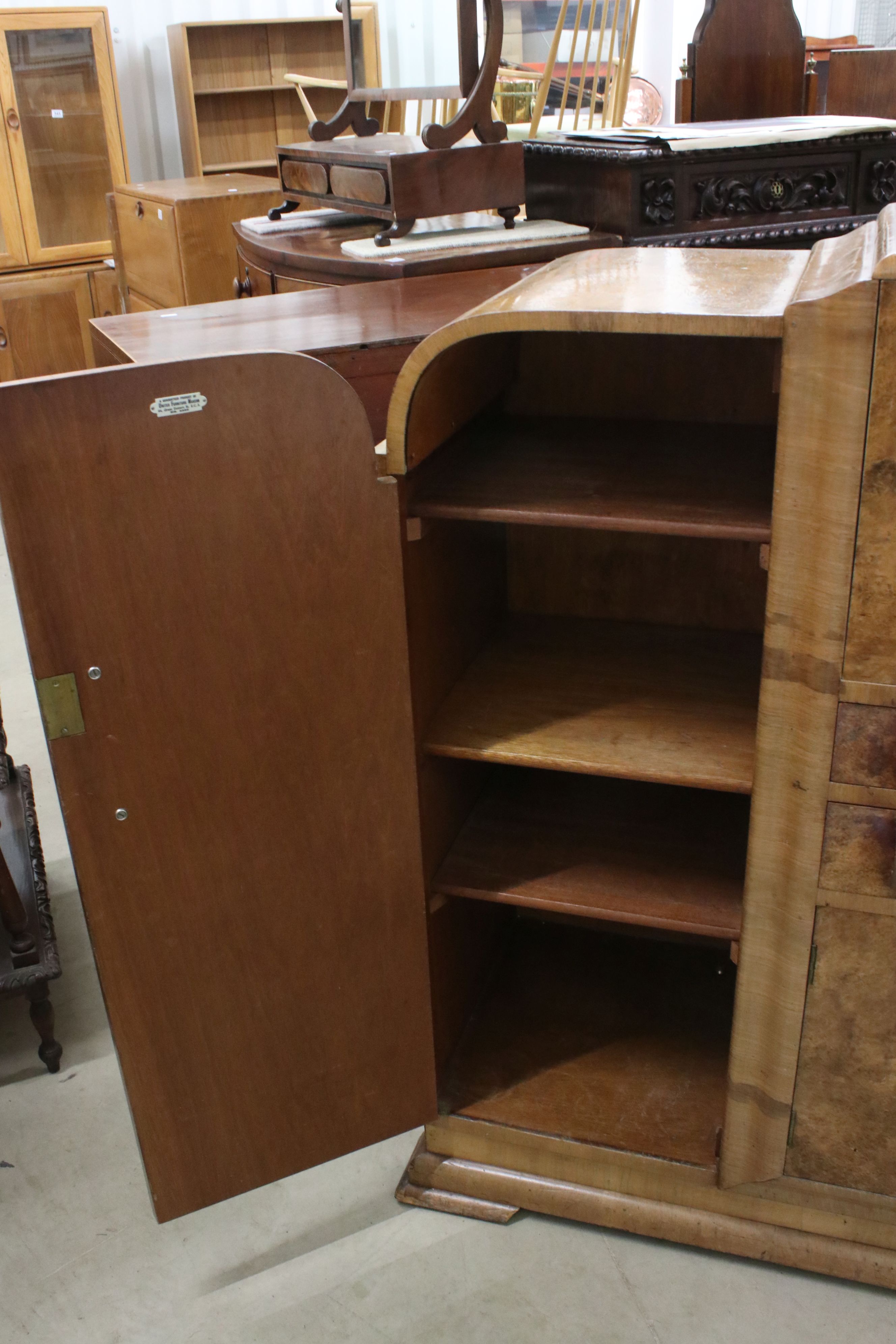 Art Deco Walnut and Burr Walnut Cocktail Cabinet, the raised centre with hinged lid and drop down - Image 5 of 13