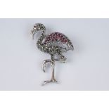 Silver flamingo brooch set with rubies