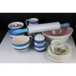 T G Green Blue and White Cornishware including Lidded Storage Jar, flour shaker, three mugs and a