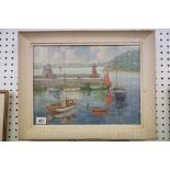 Vintage oil painting on canvas of a harbour scene