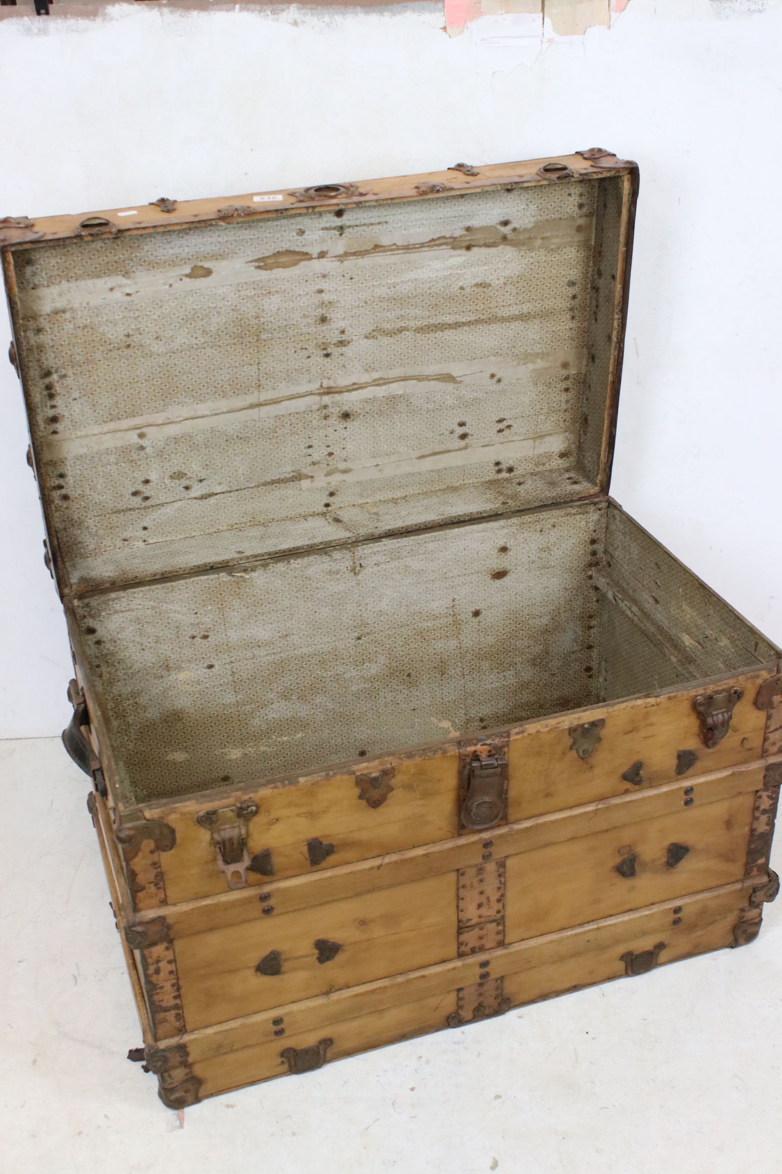19th century Pine and Studded Travelling Trunk / Box with leather carrying handles, 87cm wide x 58cm - Image 2 of 7