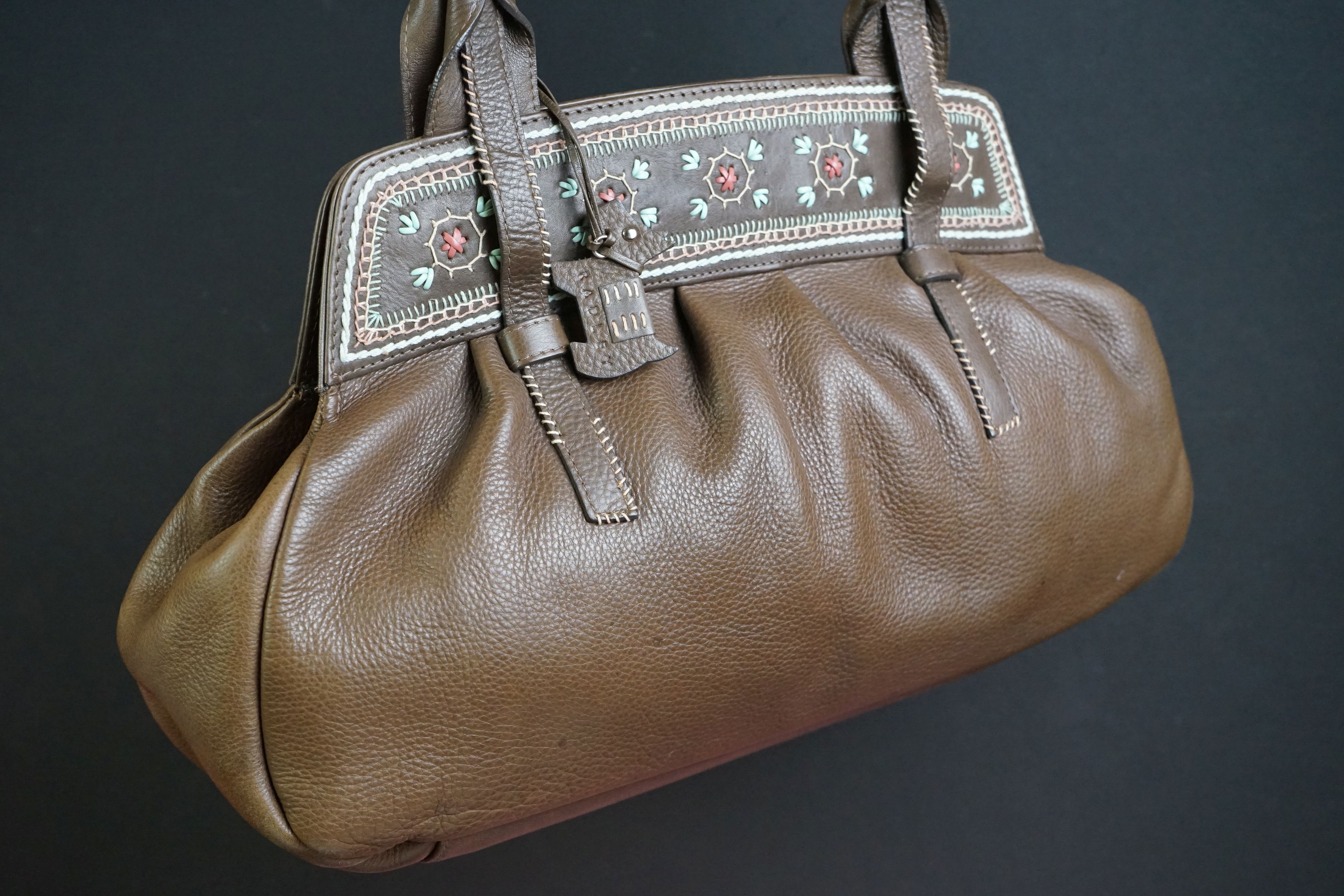A brown Radley handbag with colourful detailing, brown Radley dog and pink dust bag. - Image 5 of 7