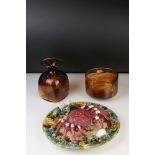 Palissy style Majolica Crab Plate 25cm diameter together with Mdina Brown Swirl Glass Vase 16cm high