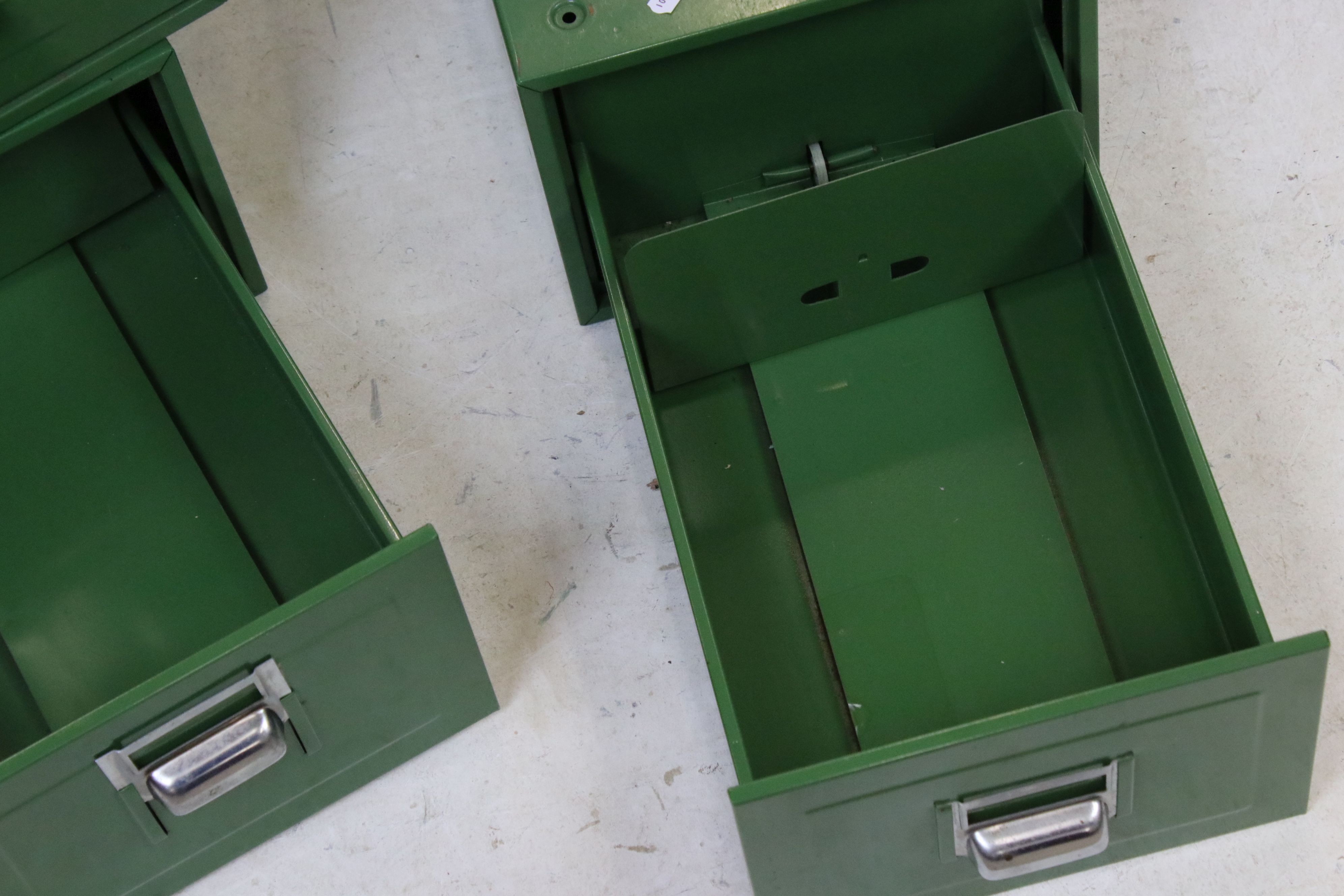 Three Green Metal Industrial Filing Cabinets, each 26cm wide x 41cm deep x 19cm high - Image 4 of 4