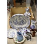 Collection of 19th century Ceramics including Three ' Colandine ' Blue and White Graduating Meat
