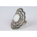 Substantial silver and marcasite ring with opal panel