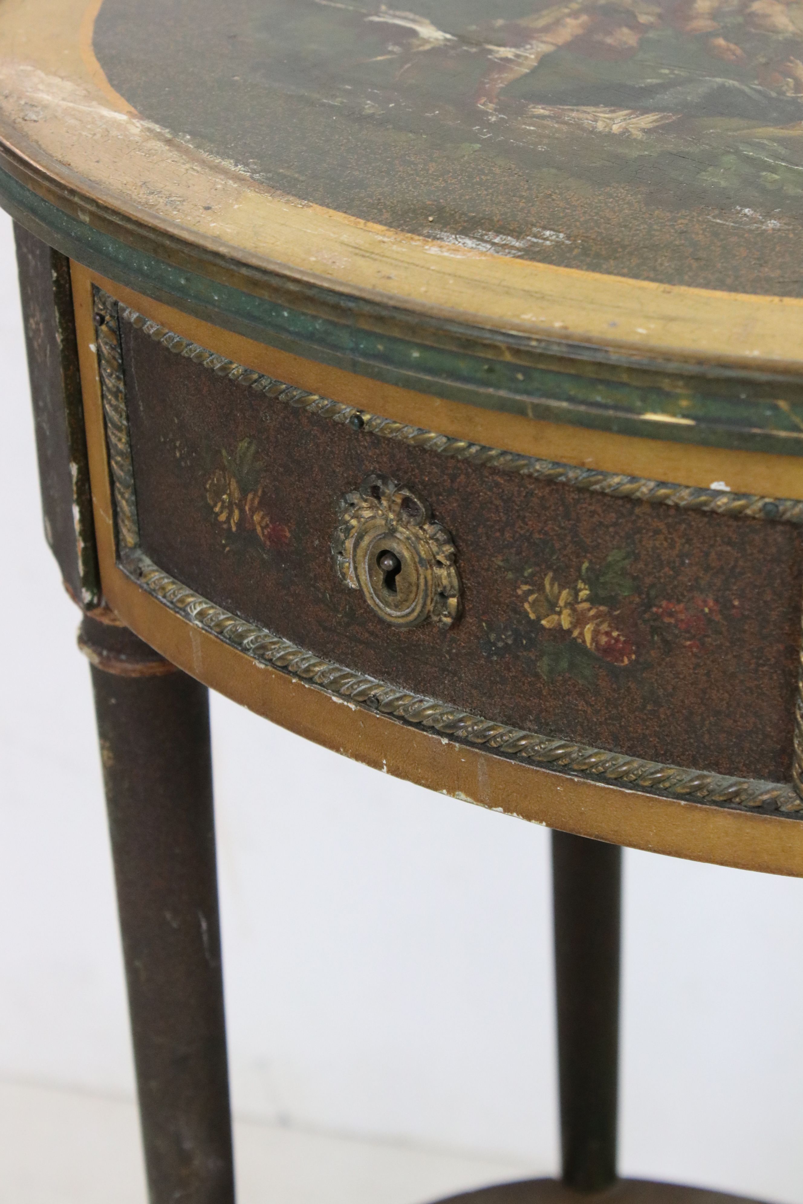 French Oval Side Table with gilt metal mounts, the top painted with a classical scene of a couple - Image 4 of 7