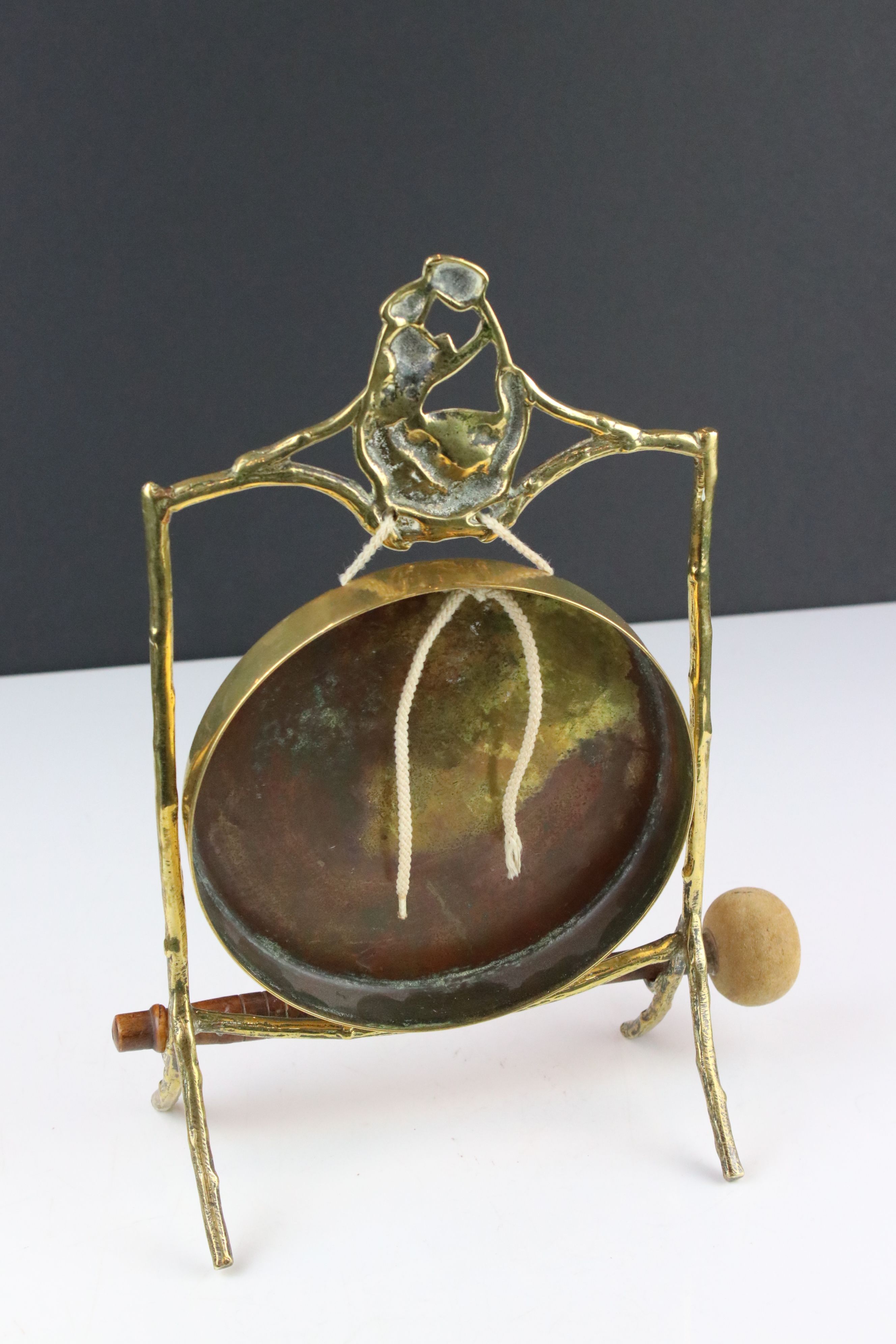 Early 20th century Brass Gong held on a stand of naturalistic form with a wooden handle striker, - Image 4 of 4