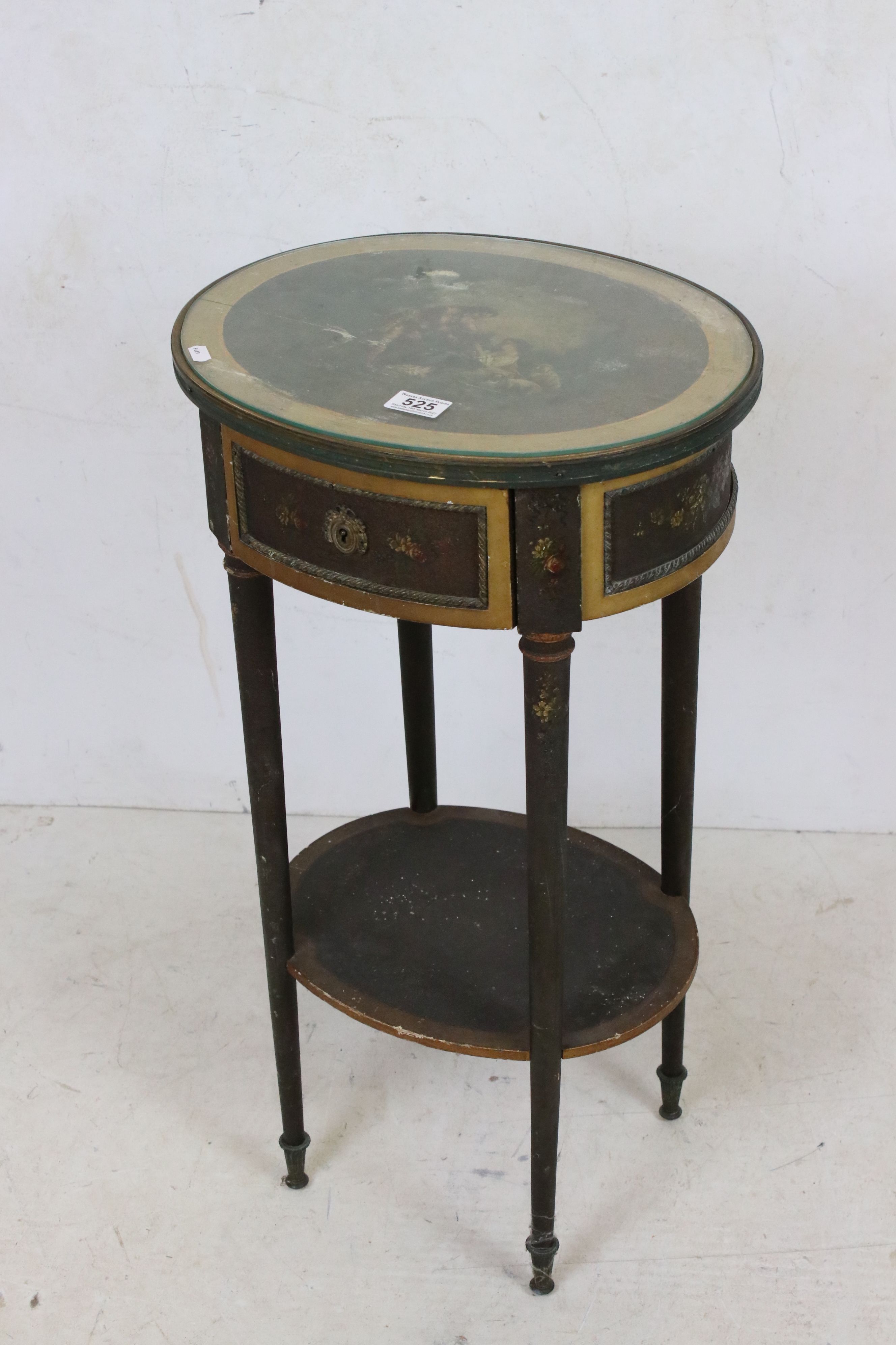 French Oval Side Table with gilt metal mounts, the top painted with a classical scene of a couple