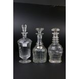 Three 19th century Glass Decanters, two cut glass and the other with a triple ringed neck together