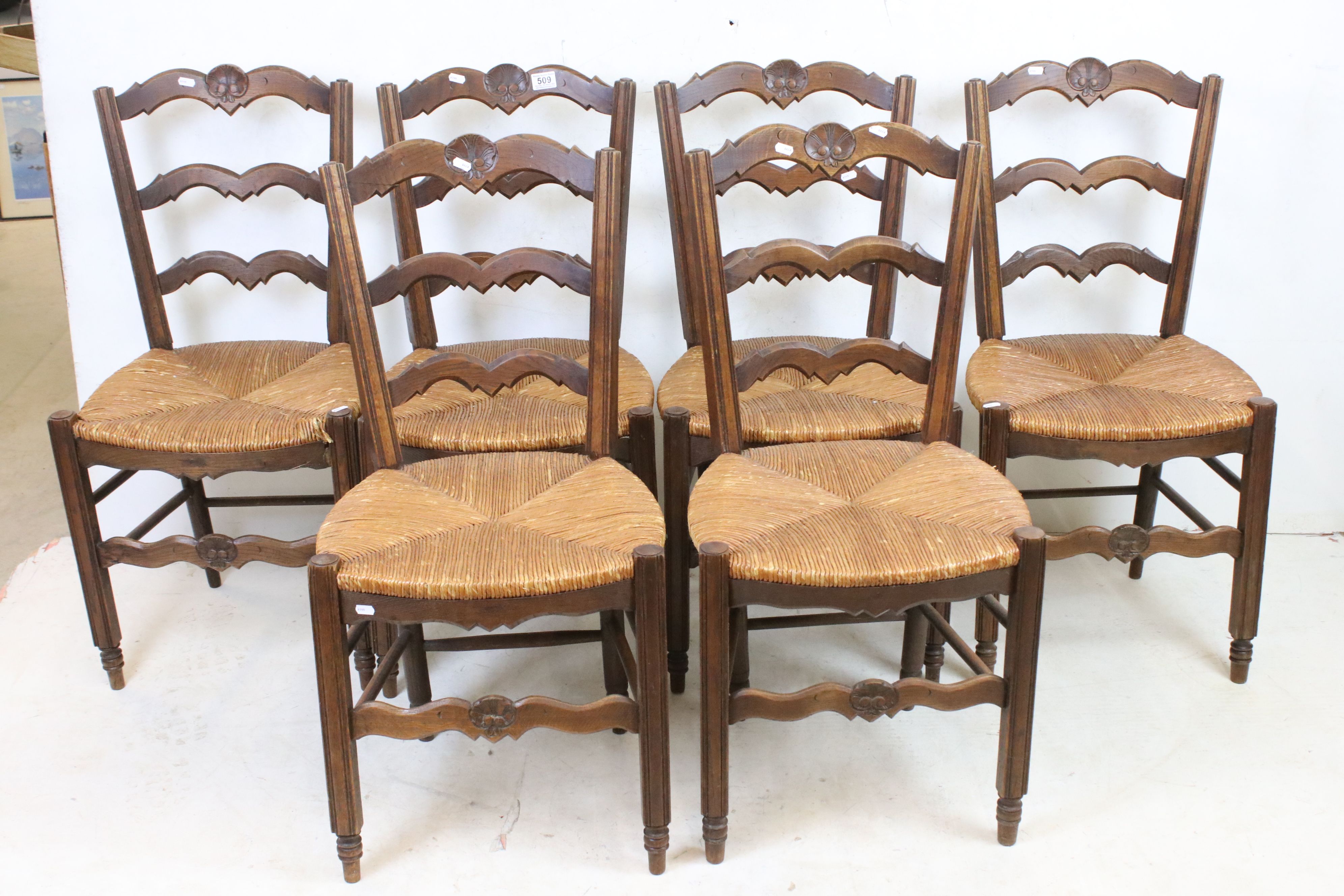 Set of Six French Oak Ladder Back Dining Chairs with rush seats, 90cm high