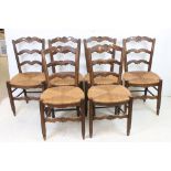 Set of Six French Oak Ladder Back Dining Chairs with rush seats, 90cm high