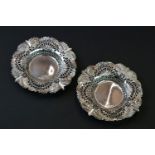 A pair of fully hallmarked sterling silver pin dishes with ornate pierced decoration, maker marked