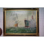 Don Blizzard, Large Oil Painting on Board of a Sailing Ship and an Ocean Liner about to collide with