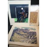 Folder of Unframed Pictures including Don Bessant Etching 1969 Footballer Artists Proof, five