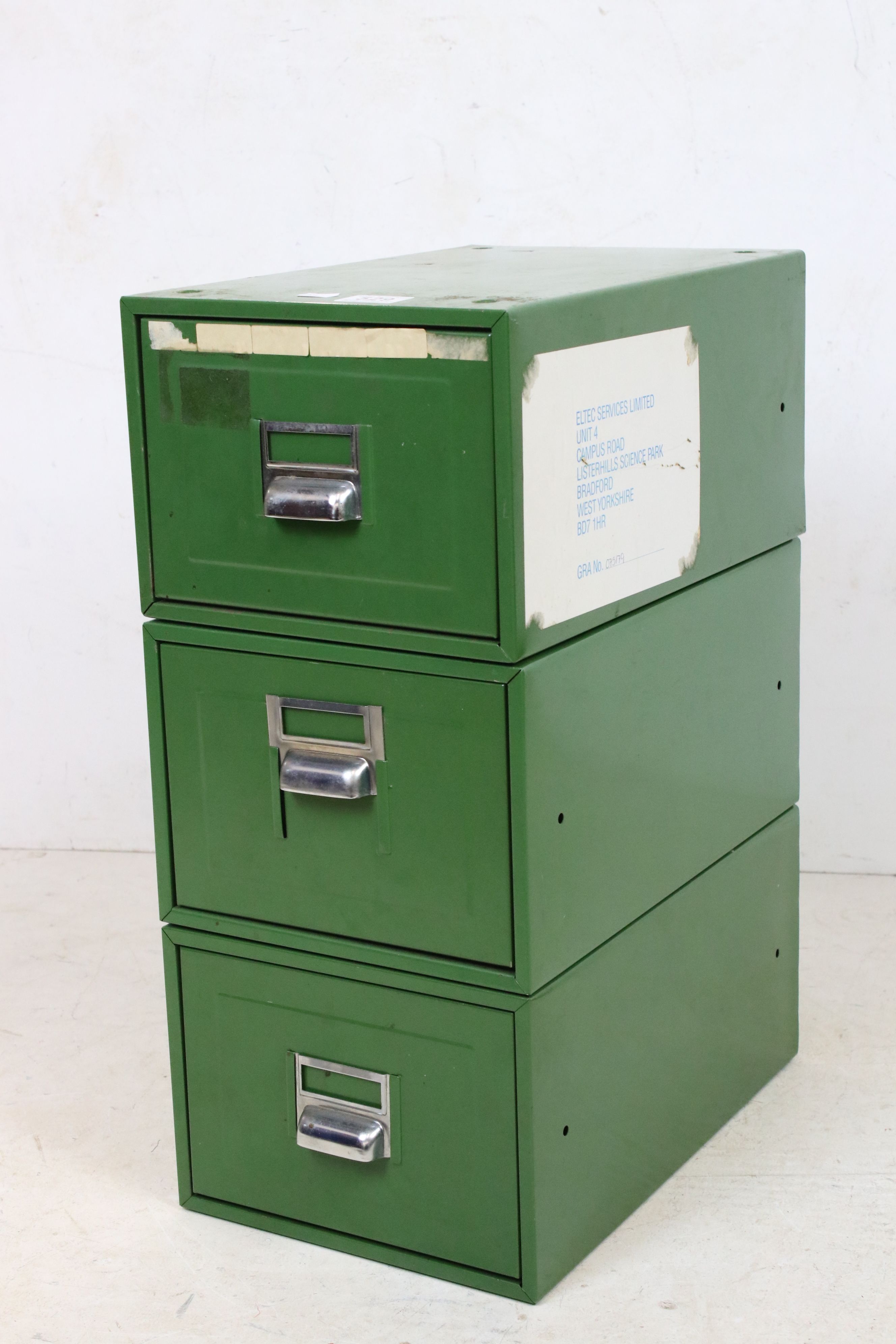 Three Green Metal Industrial Filing Cabinets, each 26cm wide x 41cm deep x 19cm high