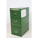 Three Green Metal Industrial Filing Cabinets, each 26cm wide x 41cm deep x 19cm high