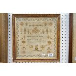 19th century Needlework Sampler by Mary Church with a verse, buildings, birds, trees and flowers,